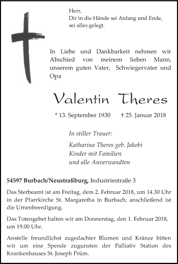 Todesanzeige von Valentin Theres von trierischer_volksfreund