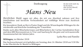 Todesanzeige von Hans Neu von trierischer_volksfreund