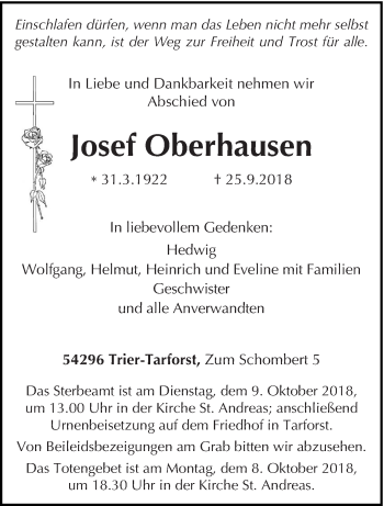 Todesanzeige von Josef Oberhausen von trierischer_volksfreund