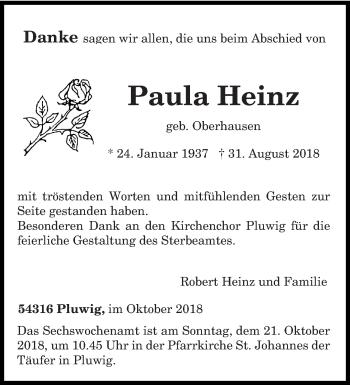 Todesanzeige von Paula Heinz von trierischer_volksfreund