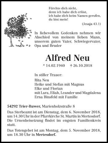 Todesanzeige von Alfred Neu von trierischer_volksfreund