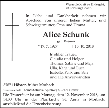 Todesanzeige von Alice Schunk von trierischer_volksfreund