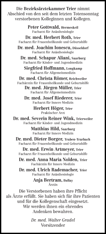 Todesanzeige von Andenken Bezirksärztekammer Trier von trierischer_volksfreund
