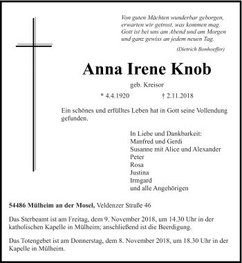 Todesanzeige von Anna Irene Knob von trierischer_volksfreund