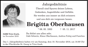 Todesanzeige von Brigitta Oberhausen von trierischer_volksfreund