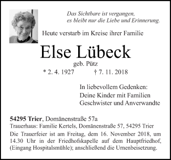 Todesanzeige von Else Lübeck von trierischer_volksfreund