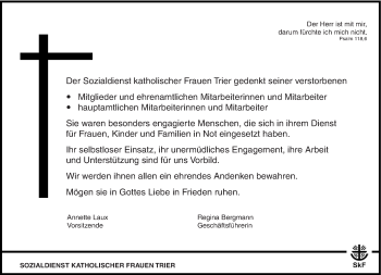 Todesanzeige von Im Gedenken Sozialdienst katholischer Frauen Trier von trierischer_volksfreund