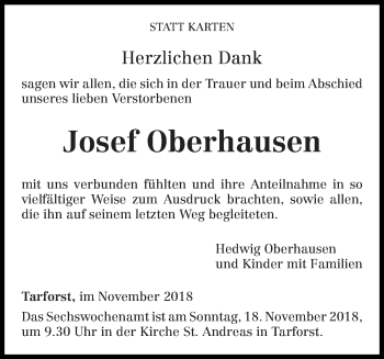 Todesanzeige von Josef Oberhausen von trierischer_volksfreund