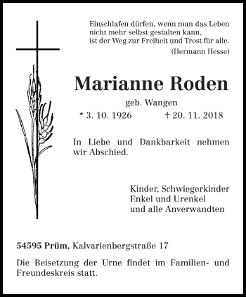 Todesanzeige von Marianne Roden von trierischer_volksfreund