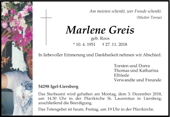 Todesanzeige von Marlene Greis von trierischer_volksfreund
