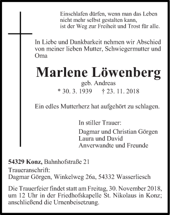 Todesanzeige von Marlene Löwenberg von trierischer_volksfreund