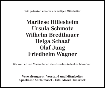 Todesanzeige von Wir gedenken Sparkasse Mittelmosel - Eifel Mosel Hunsrück von trierischer_volksfreund