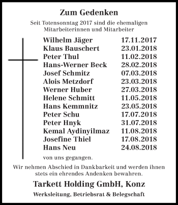 Todesanzeige von Zum Gedenken Tarkett Holding GmbH, Konz von trierischer_volksfreund