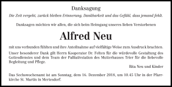 Todesanzeige von Alfred Neu von trierischer_volksfreund
