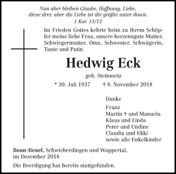 Todesanzeige von Hedwig Eck von trierischer_volksfreund