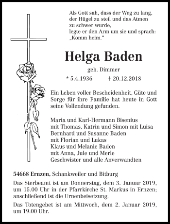 Todesanzeige von Helga Baden von trierischer_volksfreund