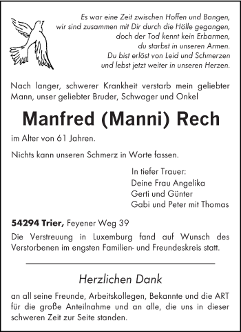 Todesanzeige von Manfred  Rech von trierischer_volksfreund