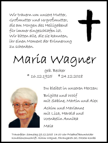Todesanzeige von Maria Wagner von trierischer_volksfreund