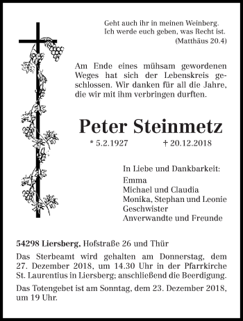 Todesanzeige von Peter Steinmetz von trierischer_volksfreund
