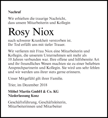 Todesanzeige von Rosy Niox von trierischer_volksfreund