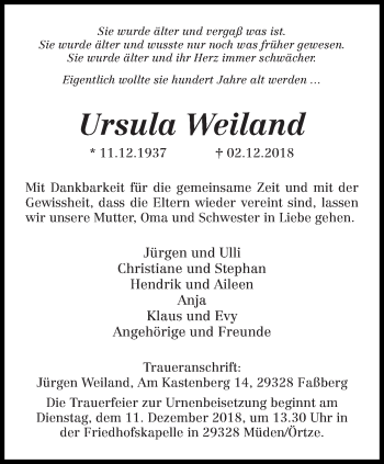 Todesanzeige von Ursula Weiland von trierischer_volksfreund