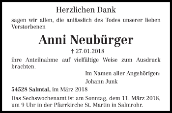 Todesanzeige von Anni Neubürger von trierischer_volksfreund
