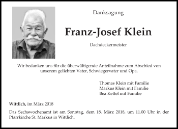 Todesanzeige von Franz-Josef Klein von trierischer_volksfreund