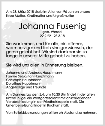 Todesanzeige von Johanna Fusenig von trierischer_volksfreund