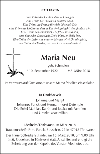 Todesanzeige von Maria Neu von trierischer_volksfreund