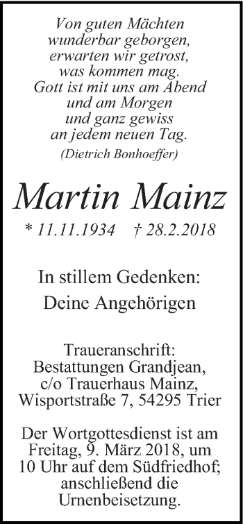Todesanzeige von Martin Mainz von trierischer_volksfreund