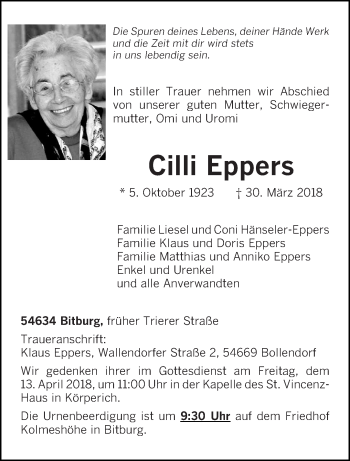 Todesanzeige von Cilli Eppers von trierischer_volksfreund