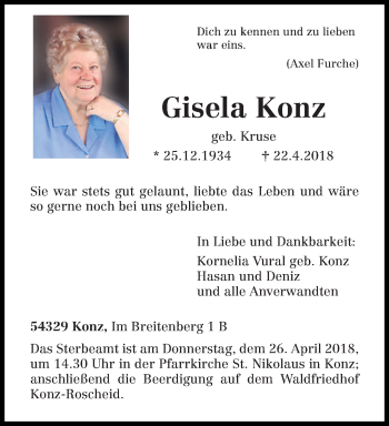 Todesanzeige von Gisela Konz von trierischer_volksfreund