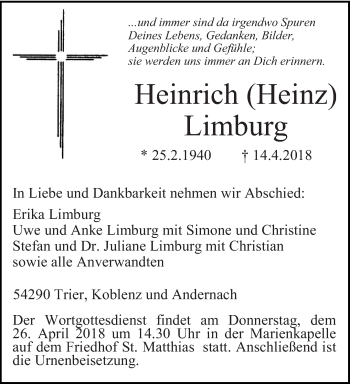 Todesanzeige von Heinrich Limburg von trierischer_volksfreund