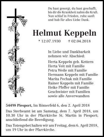 Todesanzeige von Helmut Keppeln von trierischer_volksfreund