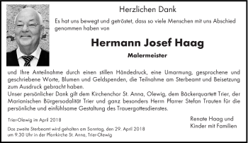 Todesanzeige von Hermann Josef Haag von trierischer_volksfreund