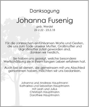 Todesanzeige von Johanna Fusenig von trierischer_volksfreund