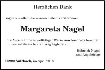Todesanzeige von Margareta Nagel von trierischer_volksfreund