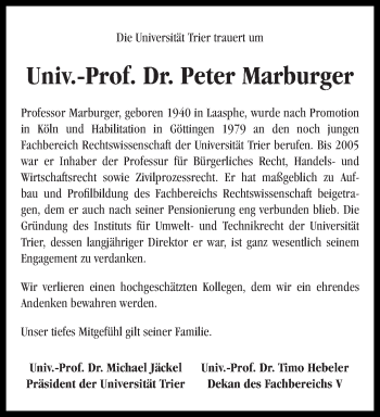 Todesanzeige von Peter Marburger von trierischer_volksfreund