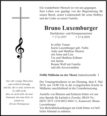 Todesanzeige von Bruno Luxemburger von trierischer_volksfreund