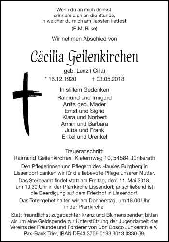 Todesanzeige von Cäcilia Geilenkirchen von trierischer_volksfreund