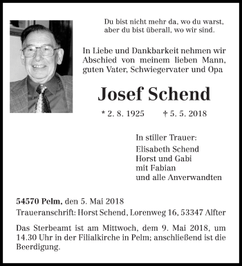 Todesanzeige von Josef Schend von trierischer_volksfreund