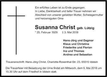 Todesanzeige von Susanna Christ von trierischer_volksfreund