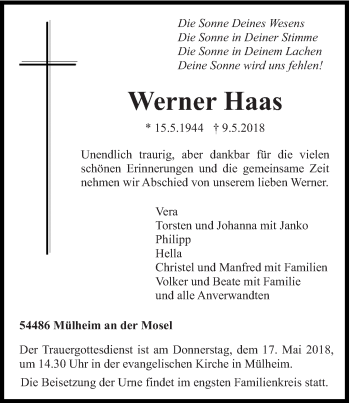 Todesanzeige von Werner Haas von trierischer_volksfreund