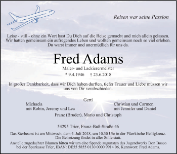 Todesanzeige von Alfred Adams von trierischer_volksfreund