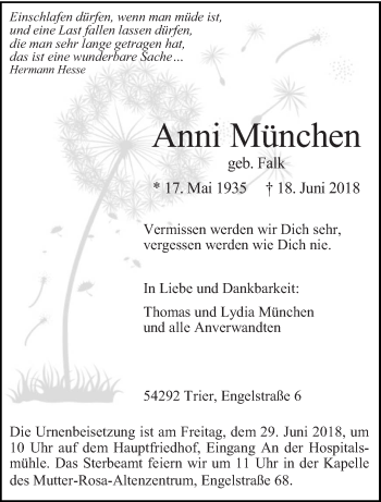 Todesanzeige von Anni München von trierischer_volksfreund