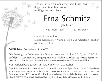 Todesanzeige von Erna Schmitz von trierischer_volksfreund