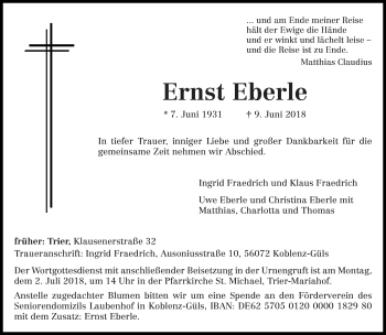 Todesanzeige von Ernst Eberle von trierischer_volksfreund