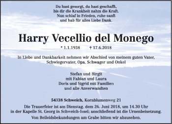 Todesanzeige von Harry Vecellio del Monego von trierischer_volksfreund