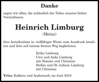 Todesanzeige von Heinrich Limburg von trierischer_volksfreund