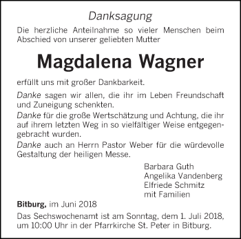 Todesanzeige von Magdalena Wagner von trierischer_volksfreund